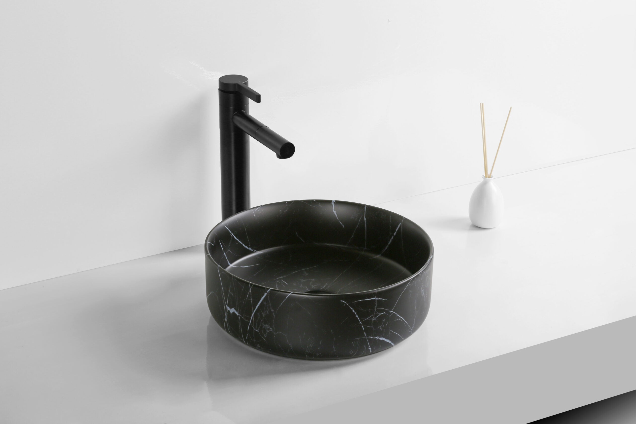 Matte Black Marble Carrara Above Counter Top Round Basin