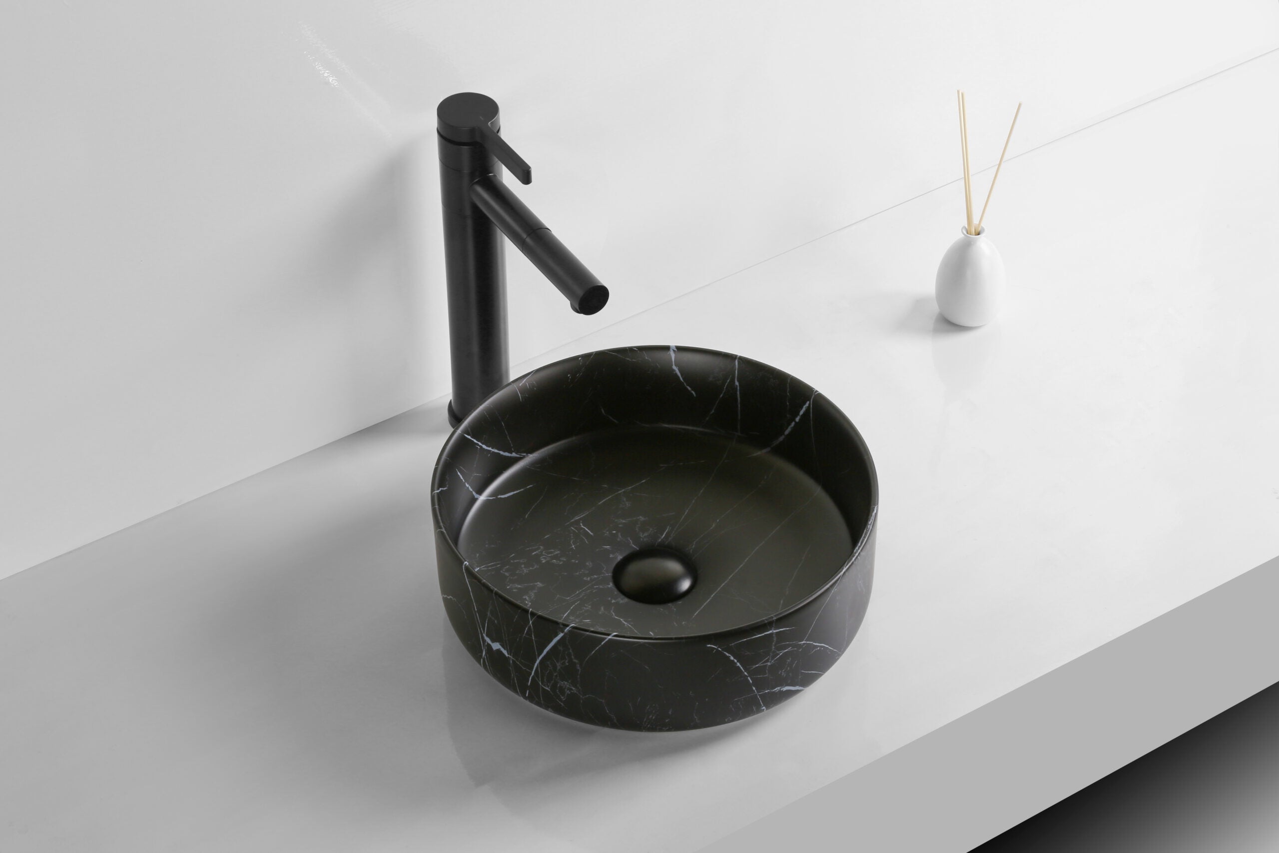 Matte Black Marble Carrara Above Counter Top Round Basin