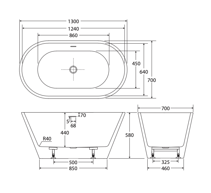 Ovia Oval 1300mm Milan Freestanding Bath Tub Gloss White