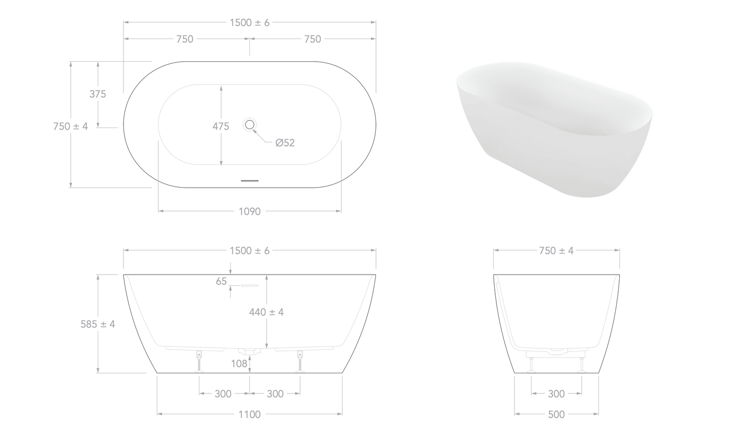 Ovia Madison Egg Freestanding Bath - 1500mm Gloss White