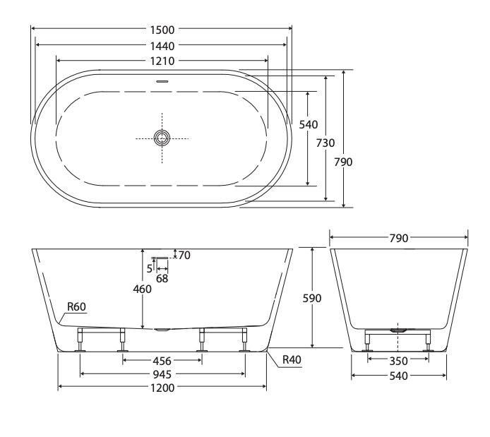 Ovia Oval 1500mm Milan Freestanding Bath Tub Gloss White