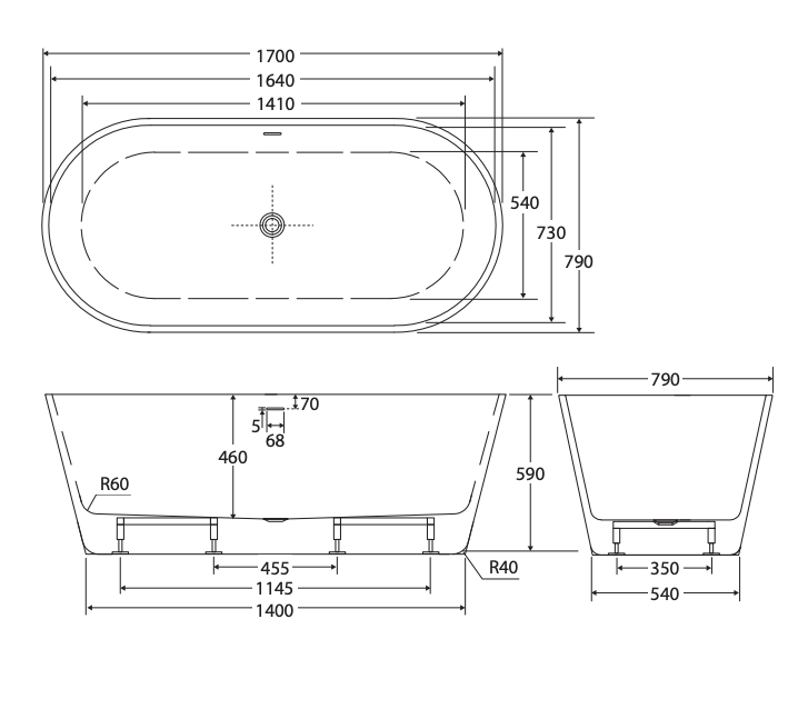 Ovia Oval 1700mm Milan Freestanding Bath Tub Gloss White