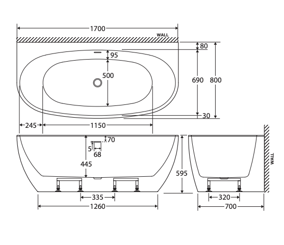 Ovia 1700mm Back to Wall Vienna Bath Tub Gloss White