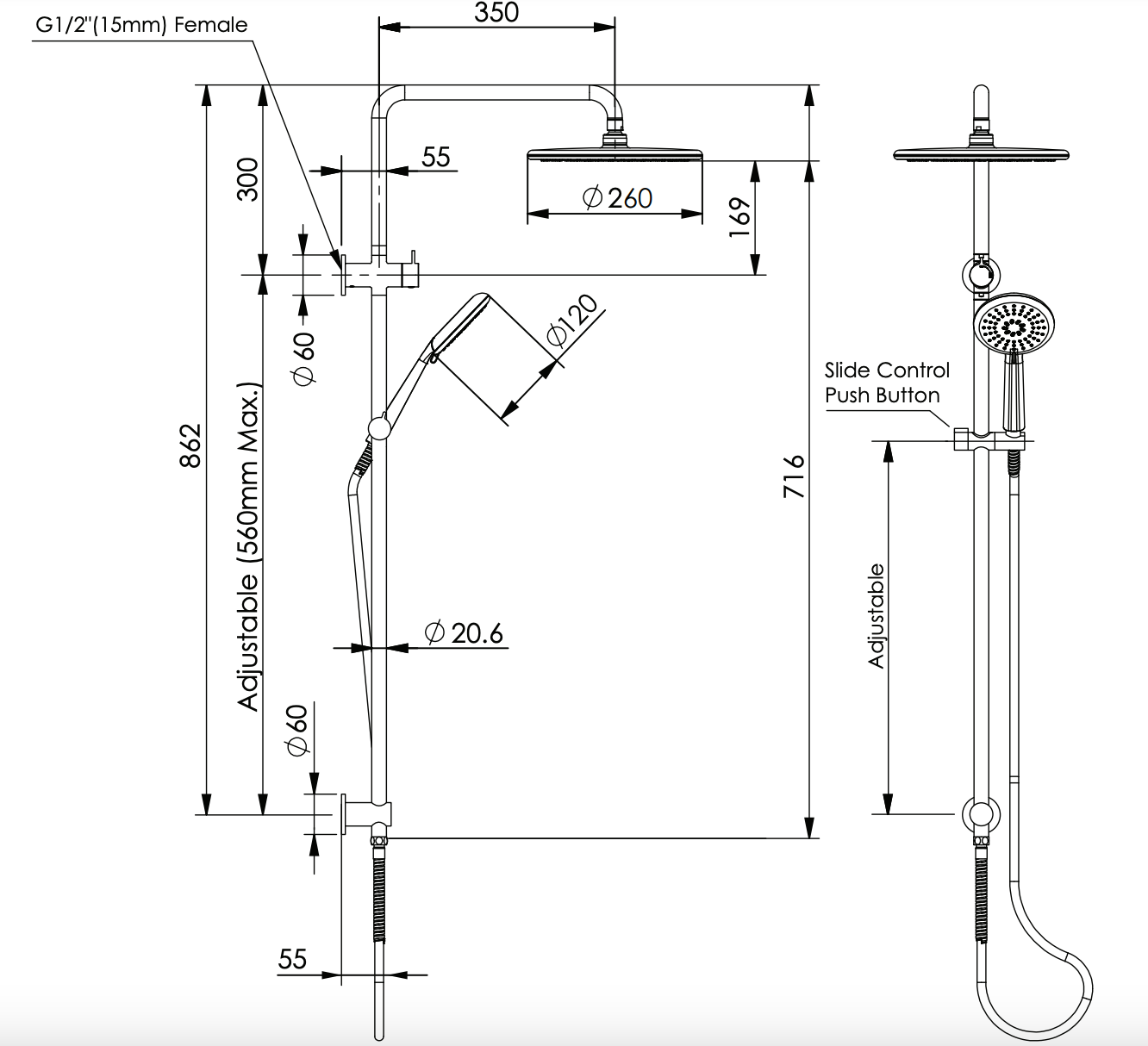 Greens Rocco Twin Rail Shower Matte Black