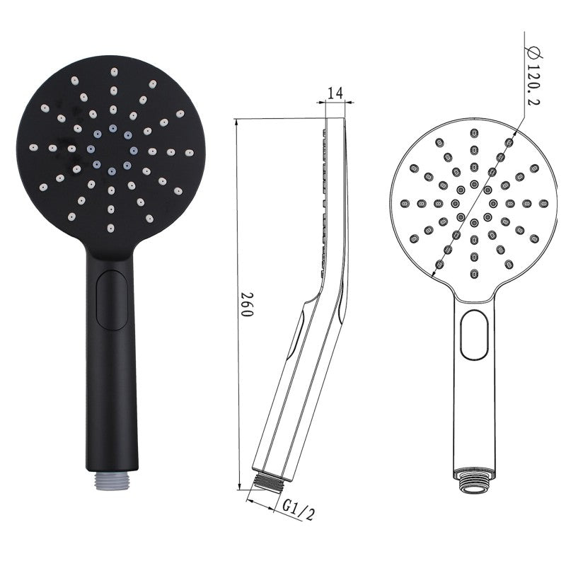 Aquaperla Round Black 3 Functions Handheld Shower Set With Rail Wall Mounted