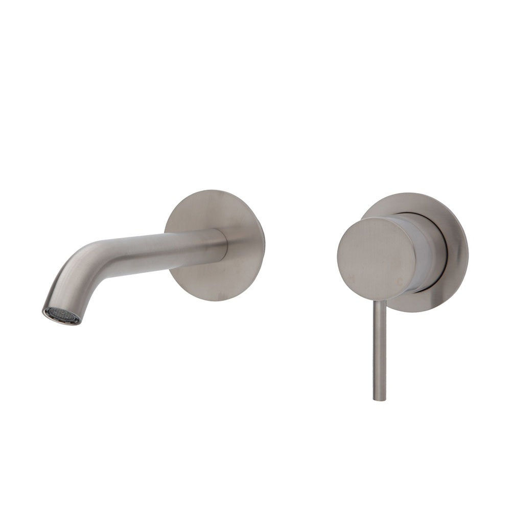 Fienza KAYA Wall Basin Bath Mixer Set Brushed Nickel Round Plates 160mm Outlet