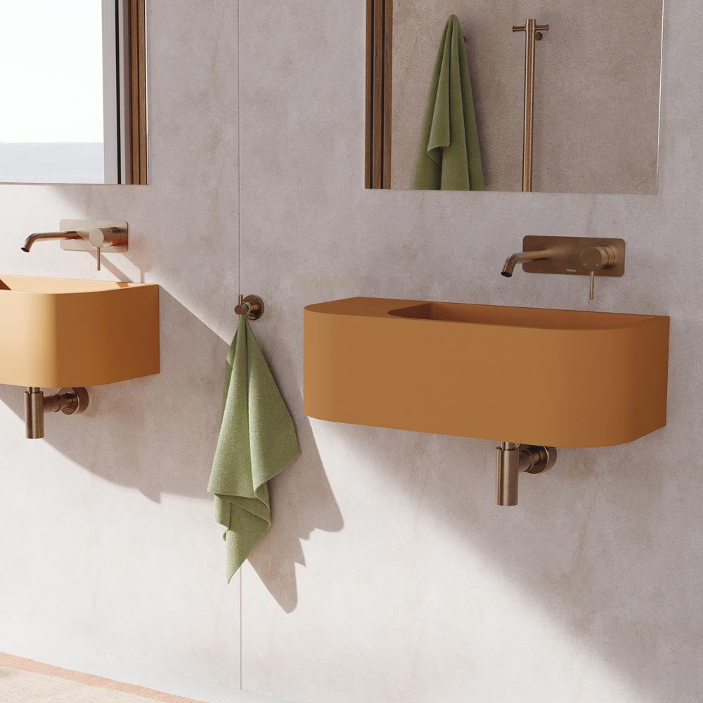 Fienza Kaya Basin/Bath Wall Mixer Set, Round Plates, 160mm Outlet, Brushed Copper
