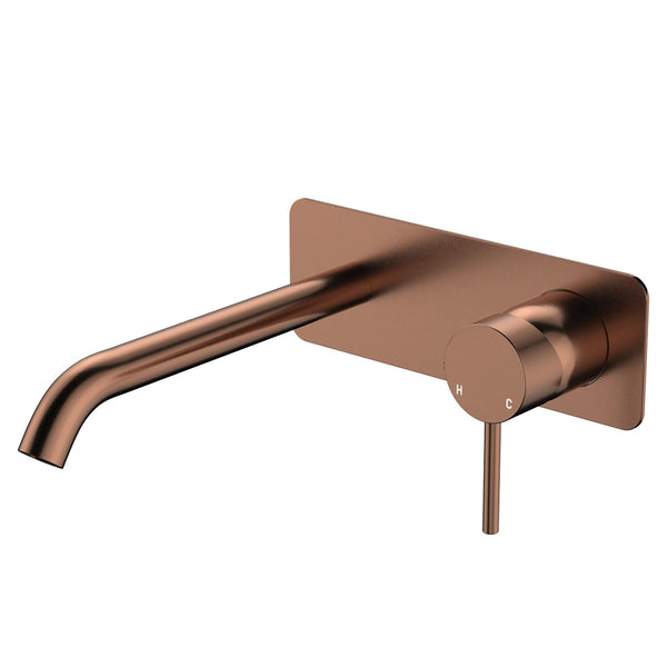 Fienza Kaya Basin/Bath Wall Mixer Set, Rectangular Plate, 200mm Outlet, Brushed Copper