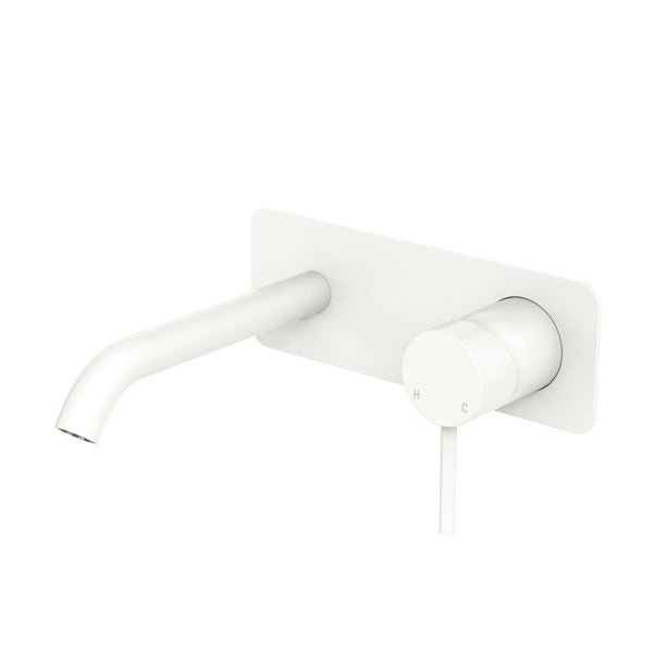 Fienza Kaya Basin/Bath Wall Mixer Set, Rectangular Plate, 160mm Outlet, Matte White