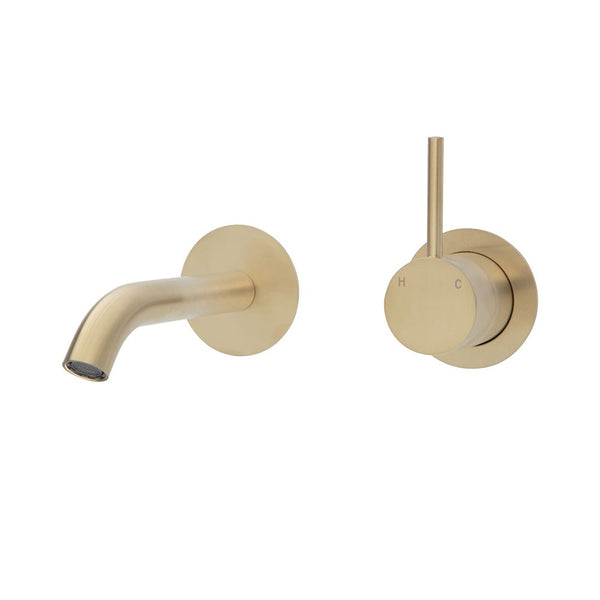 Fienza KAYA UP Wall Basin Bath Mixer Set Urban Brass Round Plates 200mm Outlet