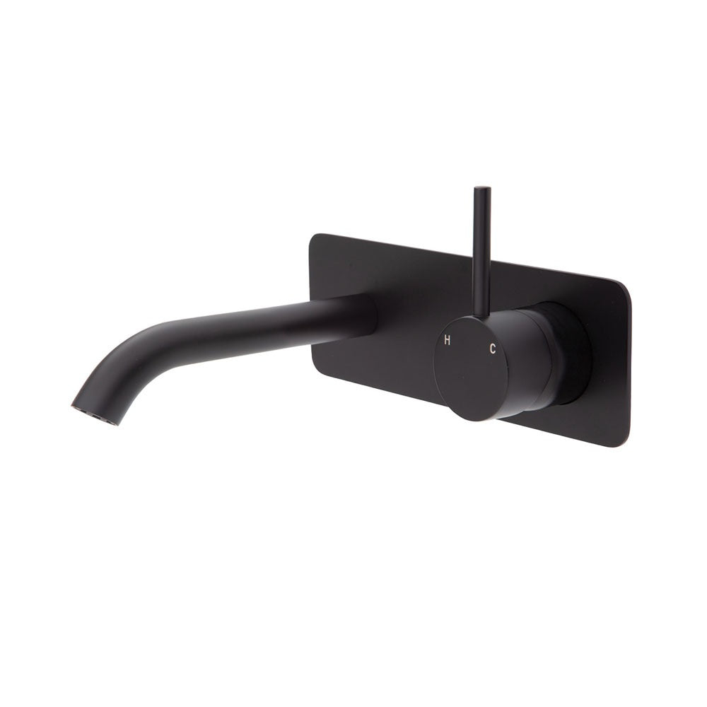 Fienza KAYA UP Wall Basin Bath Mixer Set Matte Black Square Plate 160mm Outlet