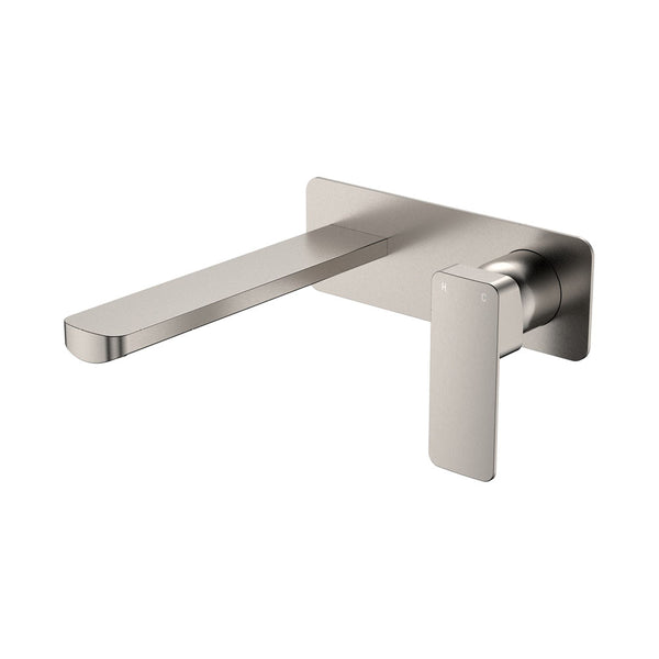 Fienza Tono Basin/Bath Wall Mixer Set Large Square Plate 200mm Outlet Brushed Nickel