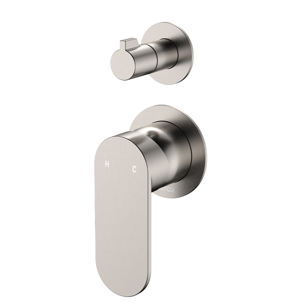 Fienza Empire Slim Wall Diverter Mixer, Small Round Plates, Vertical, Brushed Nickel