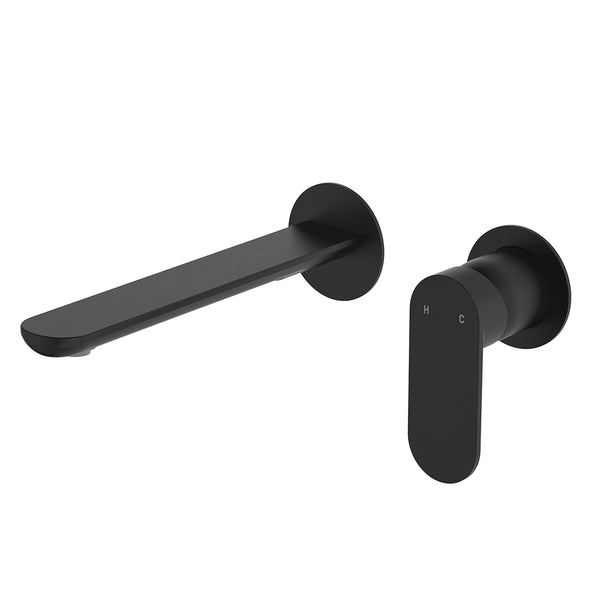 Fienza Empire Slim Basin/Bath Wall Mixer Set, Round Plates, 200mm Outlet Matte Black