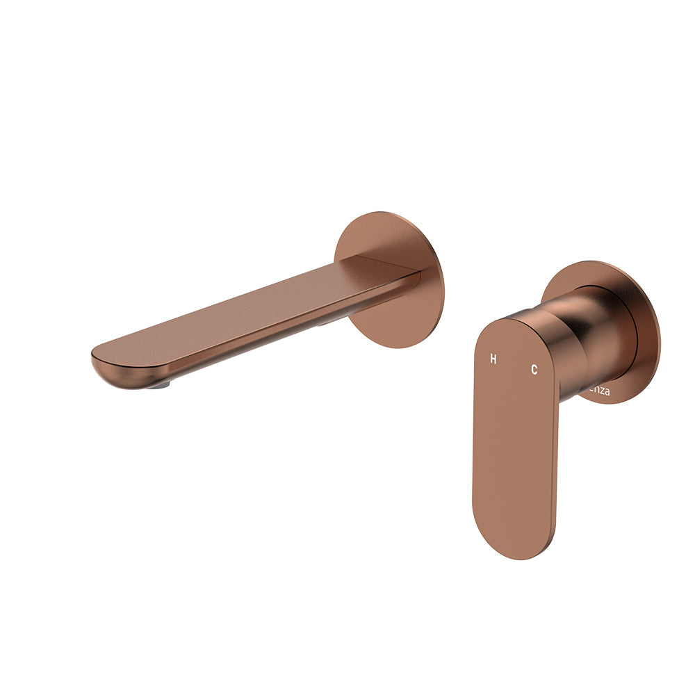 Fienza Empire Slim Basin/Bath Wall Mixer Set, Round Plates, 160mm Outlet Brushed Copper