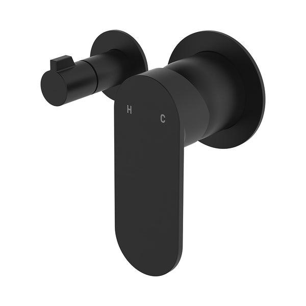 Fienza Empire Slim Wall Diverter Mixer, Small Round Plates, Horizontal Matte Black