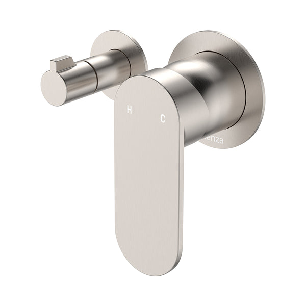 Fienza Empire Slim Wall Diverter Mixer, Small Round Plates, Horizontal Brushed Nickel