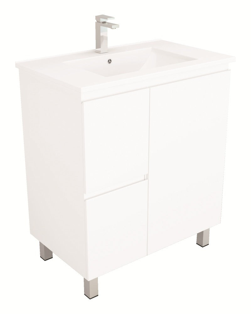 Bianca 750mm Square Vanity on Legs with Ceramic Basin – Left Drawers
