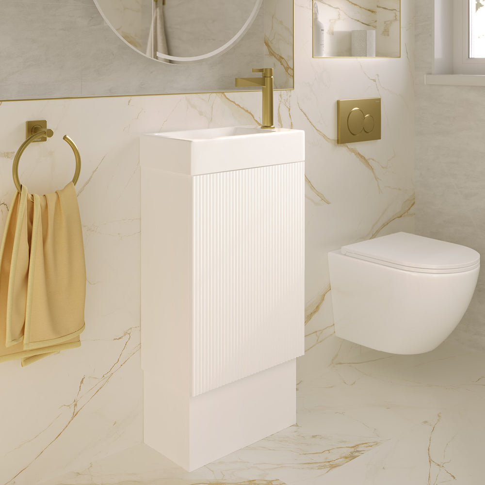 Fienza Minka 450 Vanity on kickboard with Overflow, Satin White