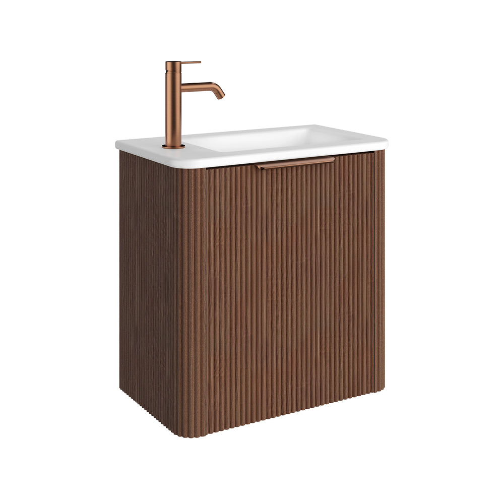 Fienza Minka Mini 550 Wall-Hung Vanity, Left Hand Tap, Walnut