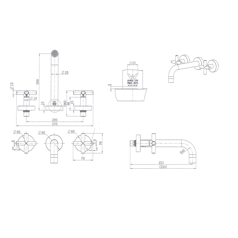 Modern National Cross Handle Ryker Bath/Wall Basin Set 1/4 Turn Brushed Bronze Gold