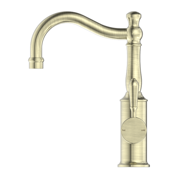 York Basin Mixer Hook Spout With Metal Lever Aged Brass