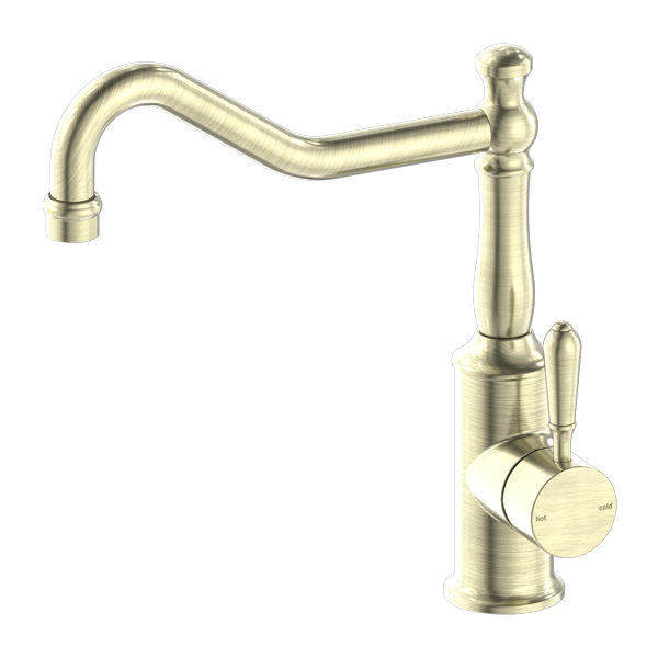 Nero York Kitchen Mixer Hook Spout With Metal Lever Aged Brass