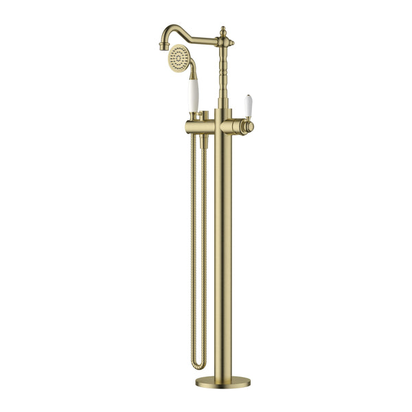 Modern National Bordeaux Freestanding Bath Mixer with Hand Shower - Brushed Gold