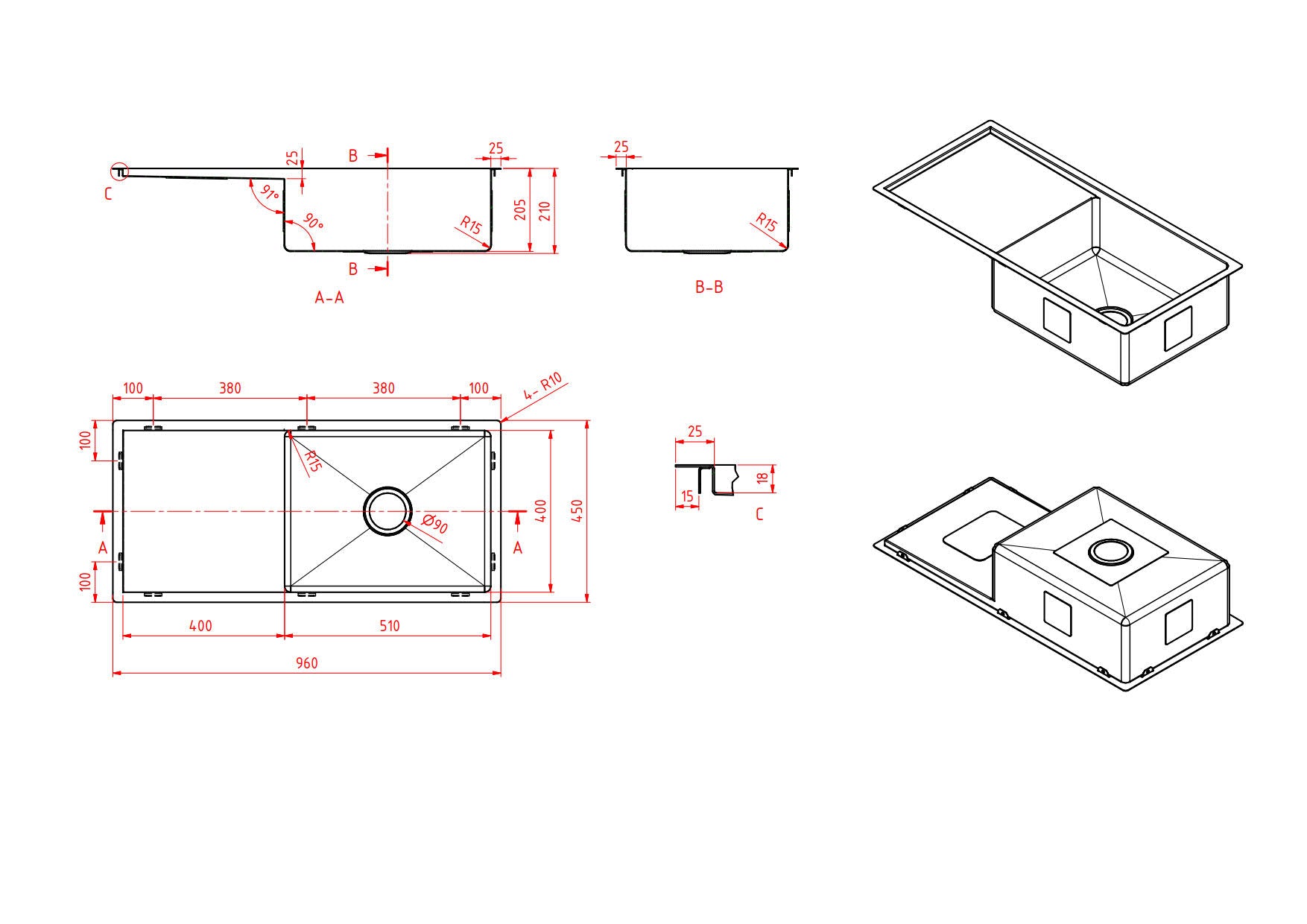 Modern National Single Bowl Sink Stainless Steel Sink 44L — measurement drawing (M-S209B-Line-Drawing.jpg)