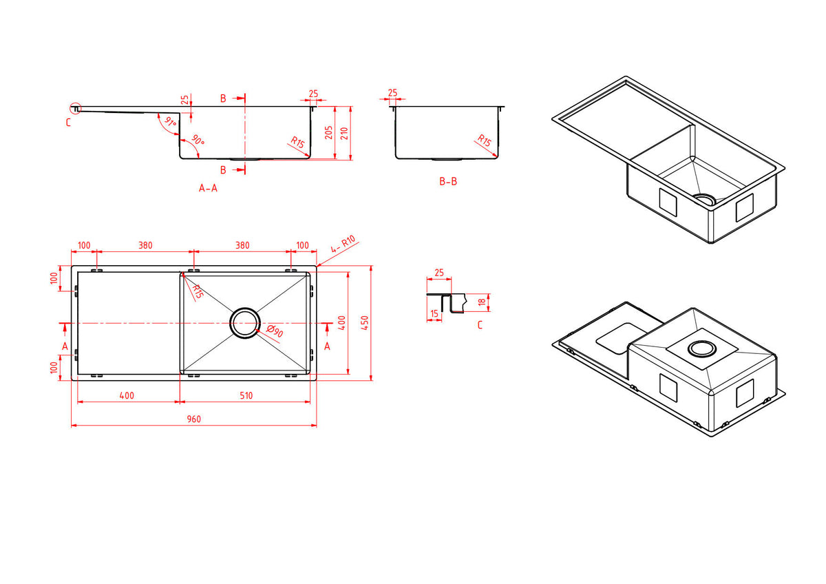 Modern National Single Bowl Sink Stainless Steel Sink 44L — measurement drawing (M-S209B-Line-Drawing.jpg)