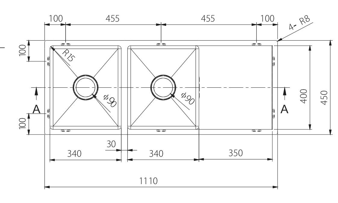 Modern National Double Bowl Stainless Steel Sink 22L+26L — measurement drawing (M-S206B-Line-Drawing.jpg)