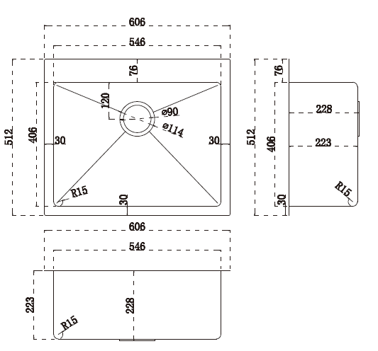 Modern National Single Bowl Stainless Steel Sink 49L — measurement drawing (M-S205B-Line-Drawing.png)