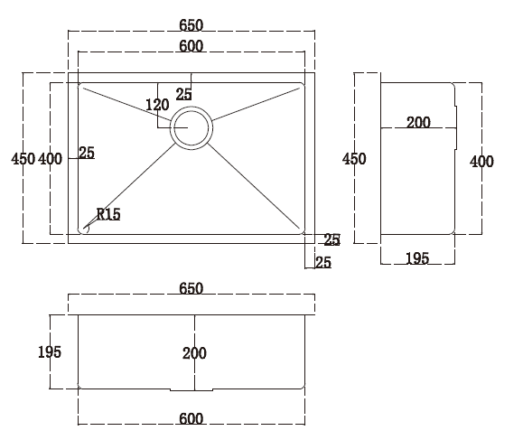 Modern National Single Bowl Stainless Steel Sink 46L — measurement drawing (M-S204B-Line-Drawing.png)