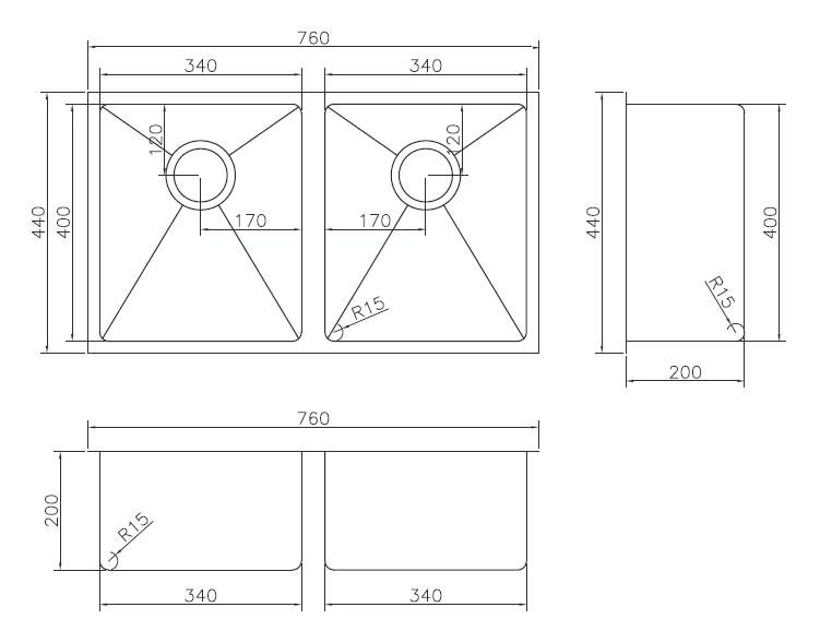 Modern National Double Bowl Stainless Steel Sink 26L+26L — measurement drawing (M-S203B-Line-Drawing.png)