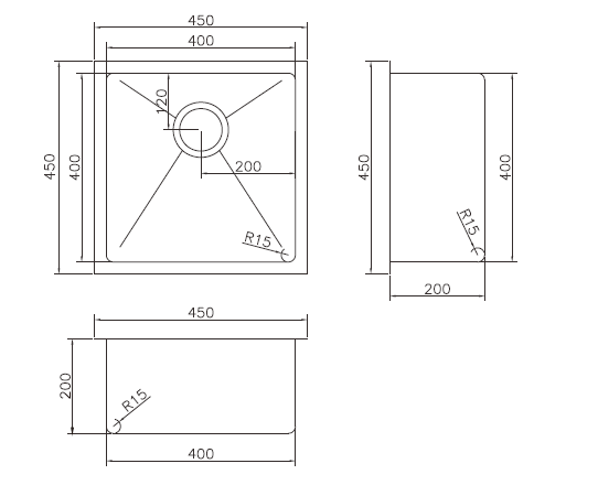 Modern National Single Bowl Stainless Steel Sink 31L — measurement drawing (M-S202B-Line-Drawing.png)