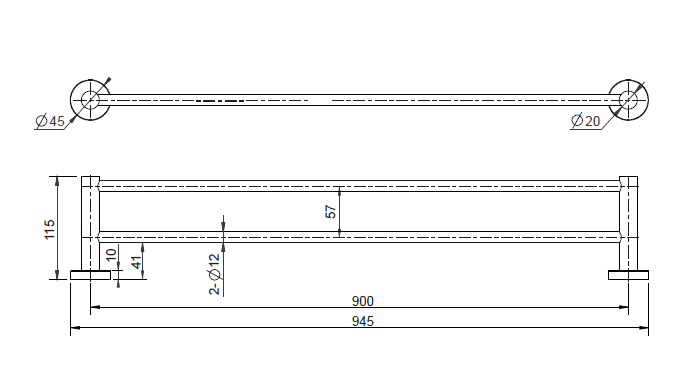 Modern National Mirage Double Towel Rail 900mm — measurement drawing (MIR80-Line-Drawing-1.png)