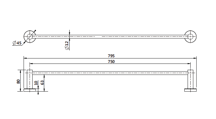 Modern National Mirage Single Towel Rail 750mm — measurement drawing (MIR36-Line-Drawing.png)