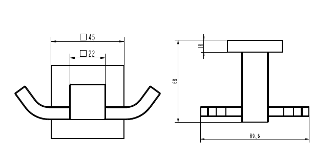 Modern National Lux Double Robe Hook — measurement drawing (LUX53-2-Line-Drawing.png)