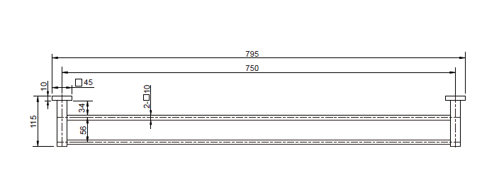 Modern National Lux Double Towel Rail 750mm — measurement drawing (LUX72-Line-Drawing.png)