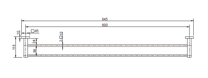 Modern National Lux Double Towel Rail 600mm — measurement drawing (LUX48-Line-Drawing.png)