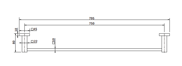 Modern National Lux Single Towel Rail 750mm — measurement drawing (LUX36-Line-Drawing.png)