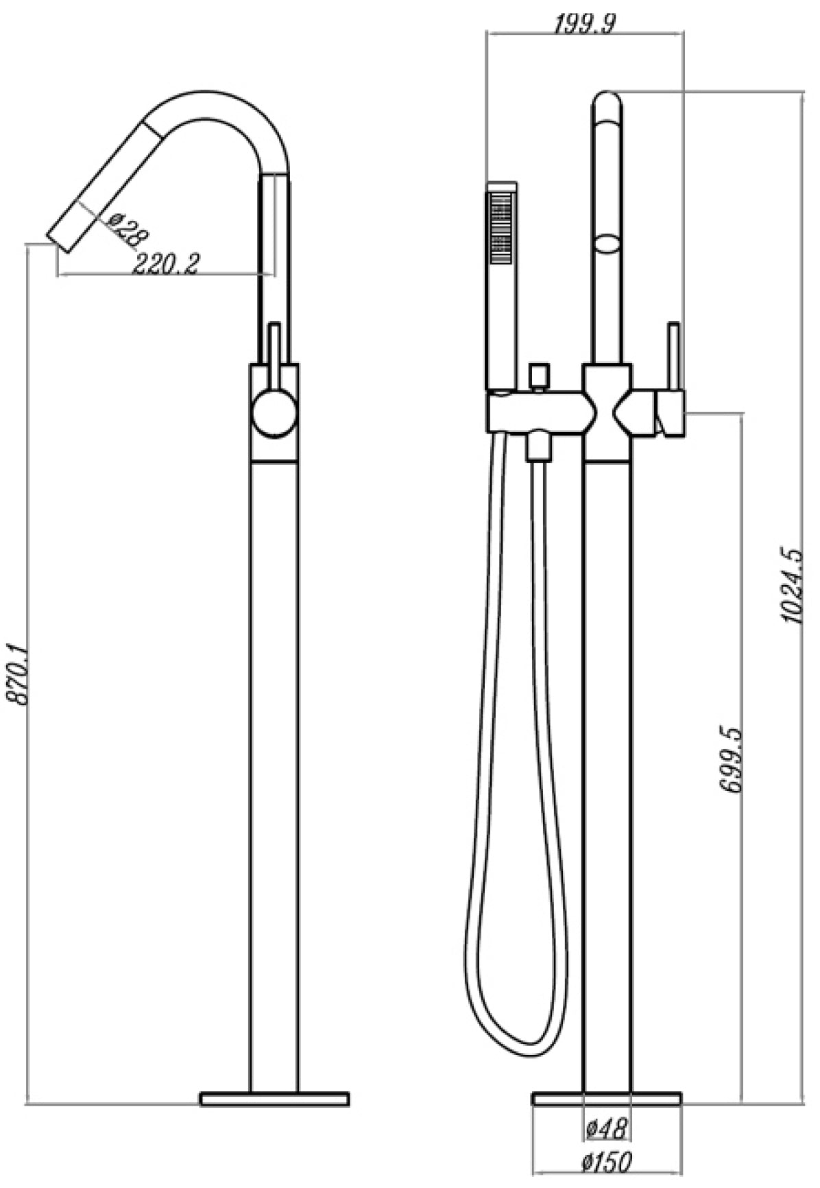 Modern National Star Freestanding Bath Mixer With Hand Shower — measurement drawing (STR012-Line-Drawing.jpg)