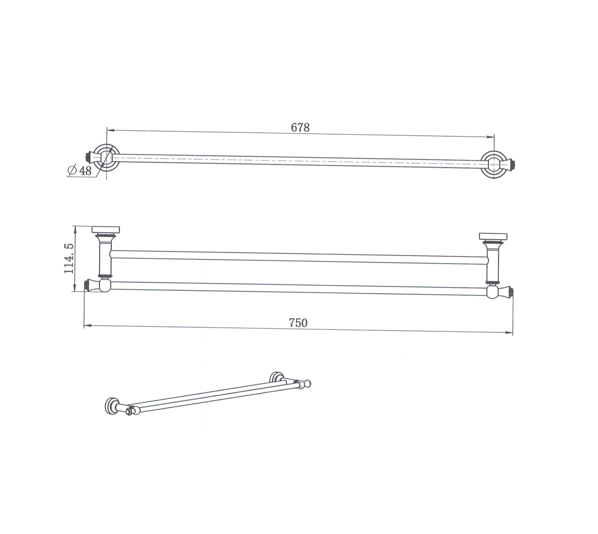 Modern National Medoc Double Towel Rail 750mm — measurement drawing (MED72-5772-line-drawing.png)