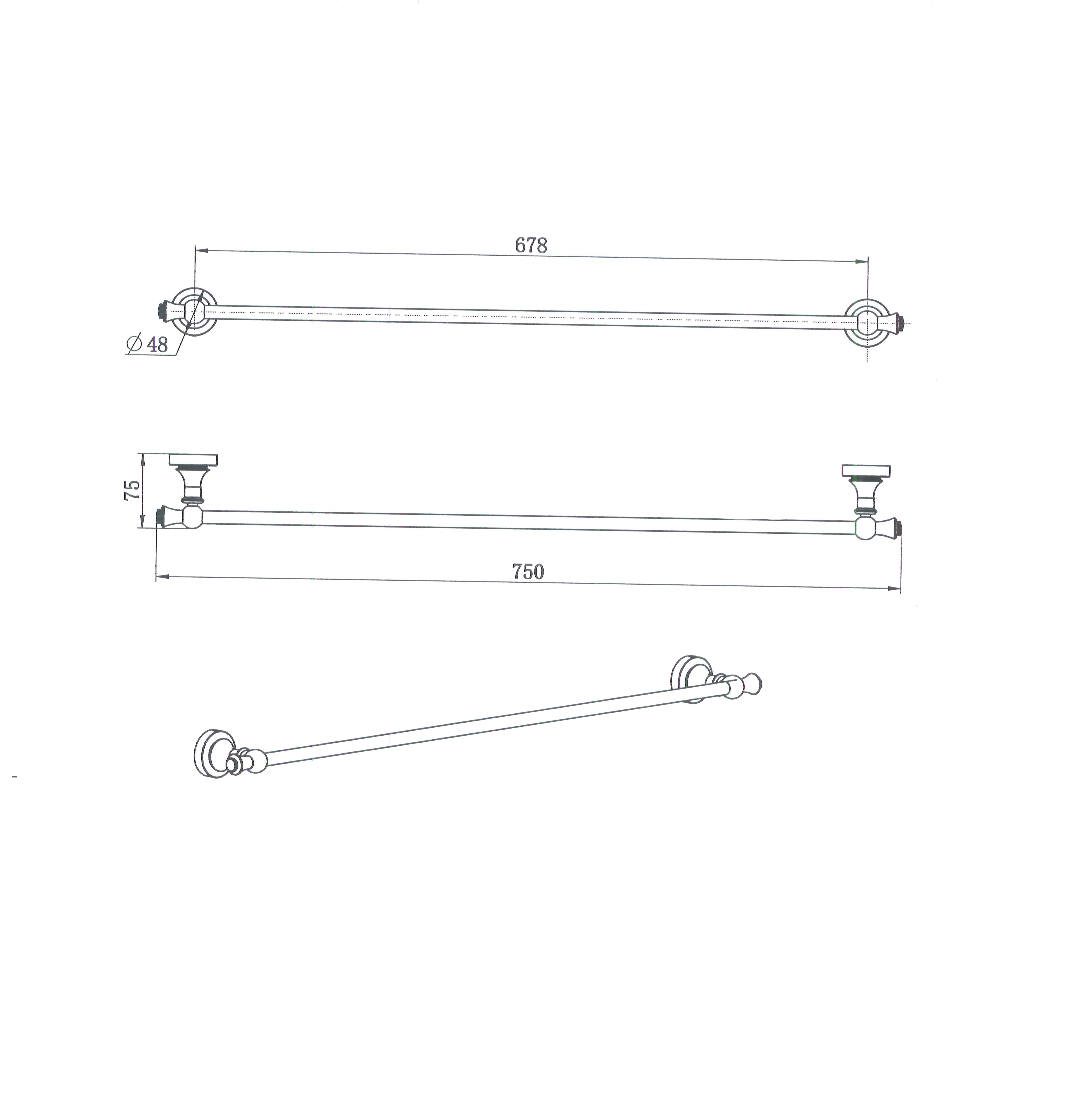 Modern National Medoc Single Towel Rail 750mm — measurement drawing (MED36-5736-line-drawing.png)