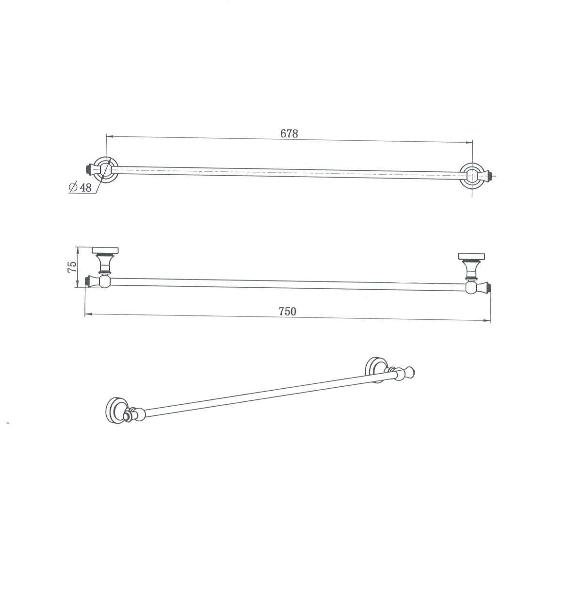 Modern National Medoc Single Towel Rail 750mm — measurement drawing (MED36-5736-line-drawing.png)