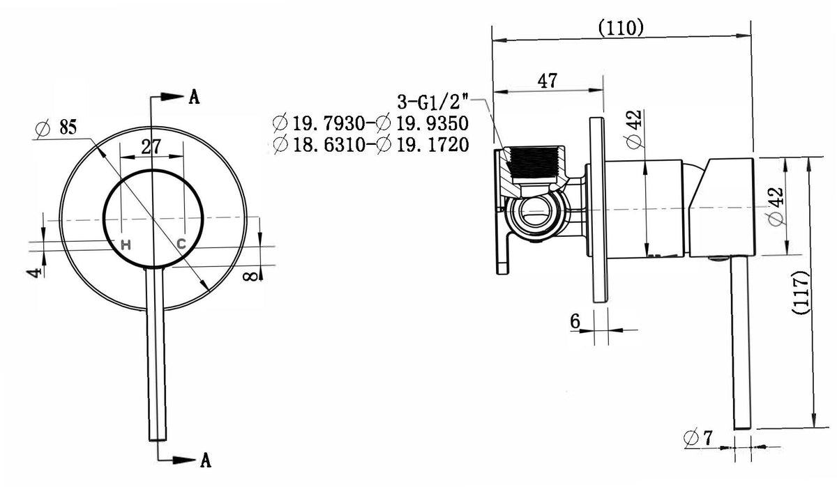 Modern National Star Mini Shower Mixer 80mm — measurement drawing (STRM008-Line-Drawing.jpg)