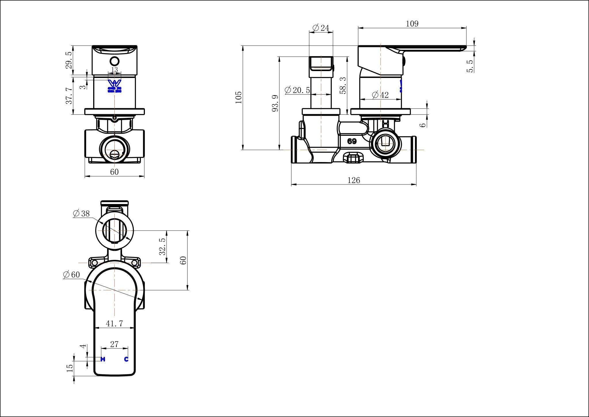 Modern National Nova Shower Diverter — measurement drawing (NVA009-23130W-02-LINE-DRAWING.jpg)