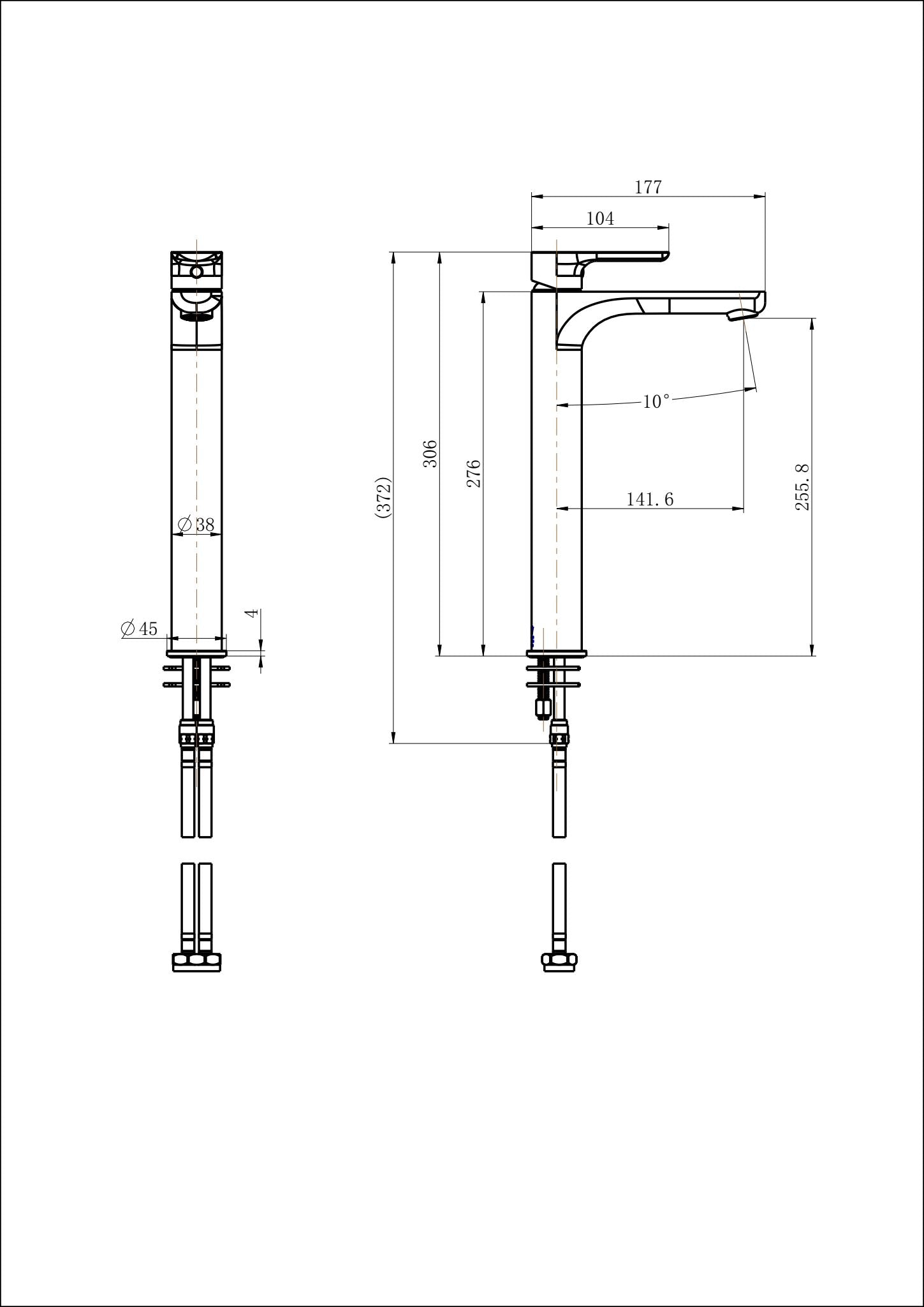 Modern National Nova High Rise Basin Mixer — measurement drawing (NVA002-23102W-01-LINE-DRAWING-1.jpg)