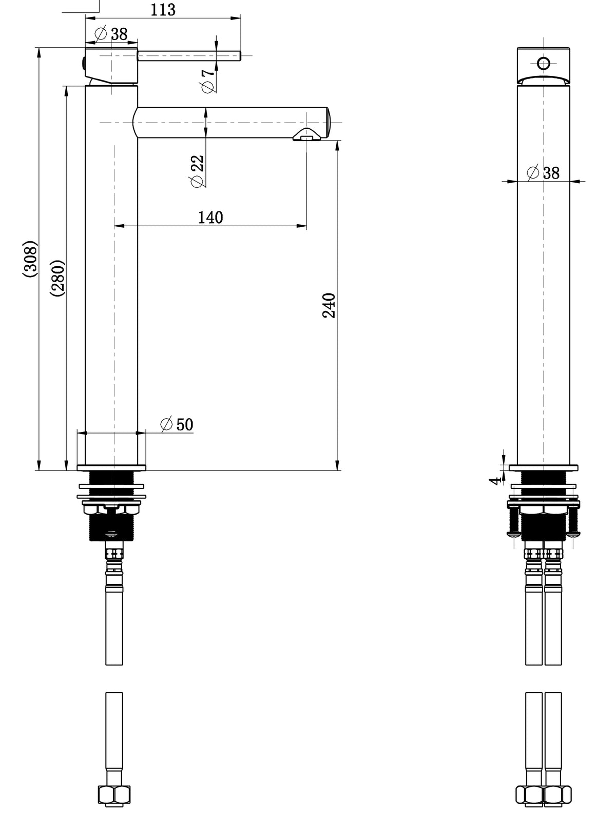 Modern National Star Mini High Rise Basin Mixer With Knurled Handle — measurement drawing (STRM002-1.jpg)