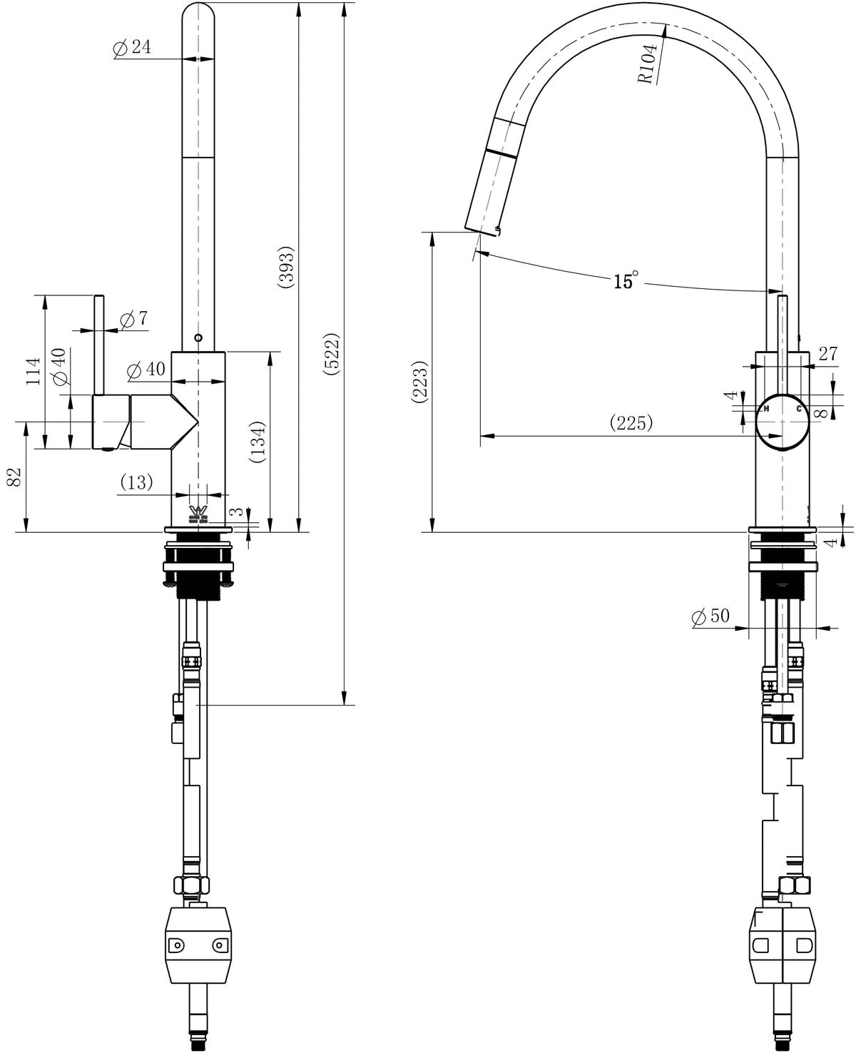 Modern National Star Mini Pull-Out Kitchen Mixer — measurement drawing (STRM005-1.jpg)